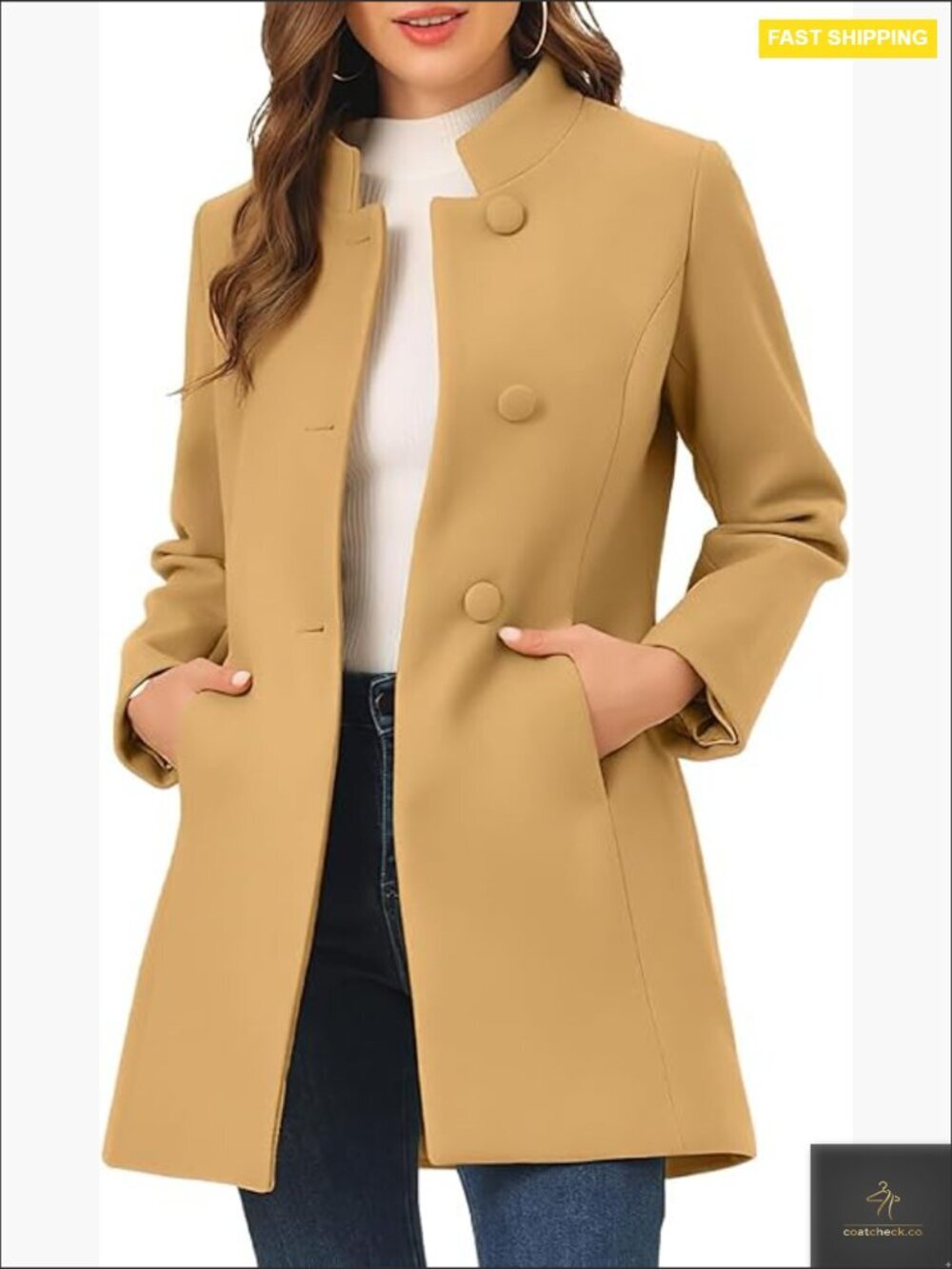 Wool Stand Collar Pea Coat Slim Fit Mid-Long Blazer with Pockets